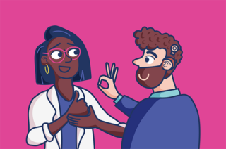 Illustration of a doctor and patient signing with each other